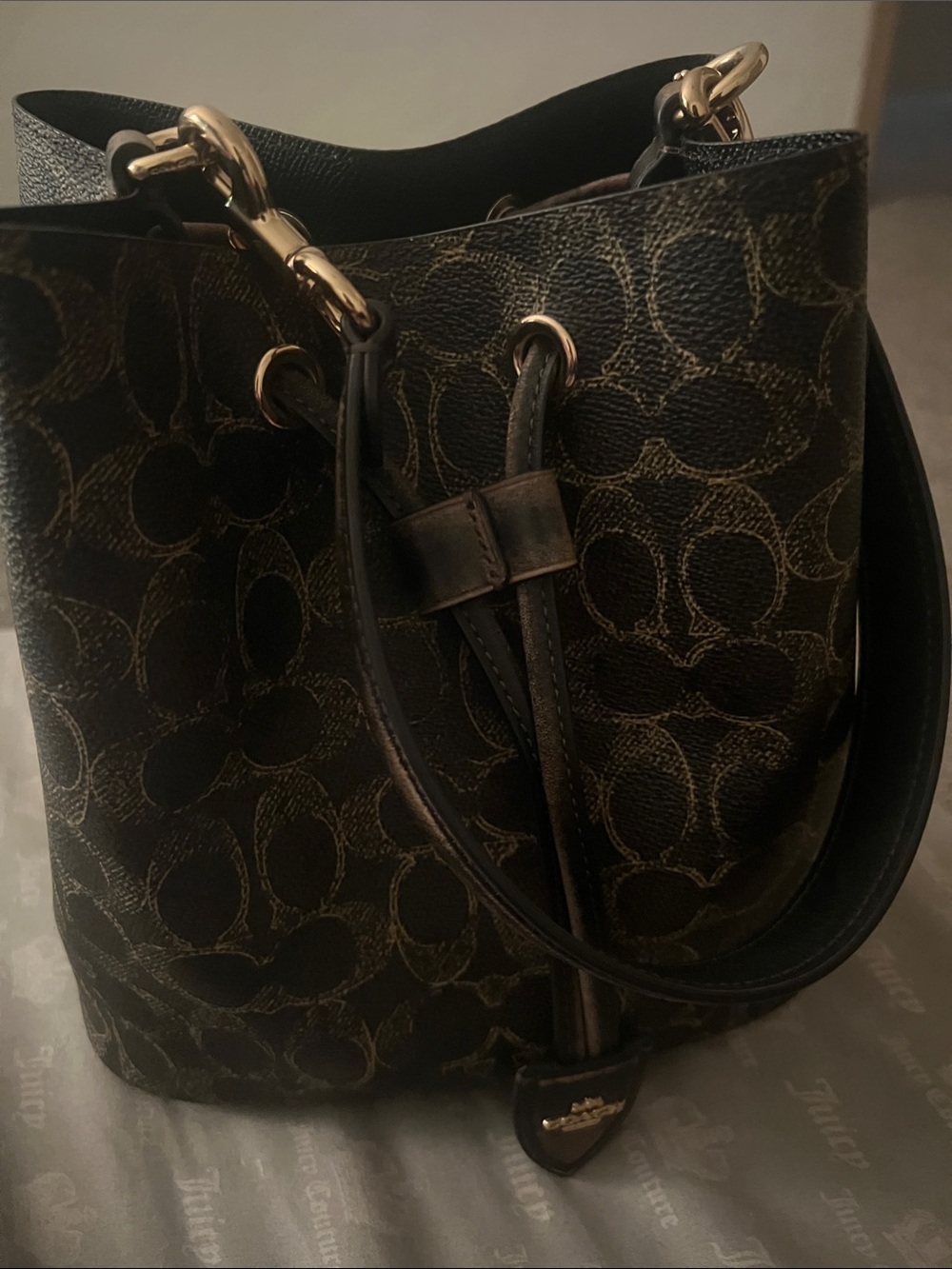 Coach Brown and Black Signature Drawstring Shoulder Bag with Gold Hardware